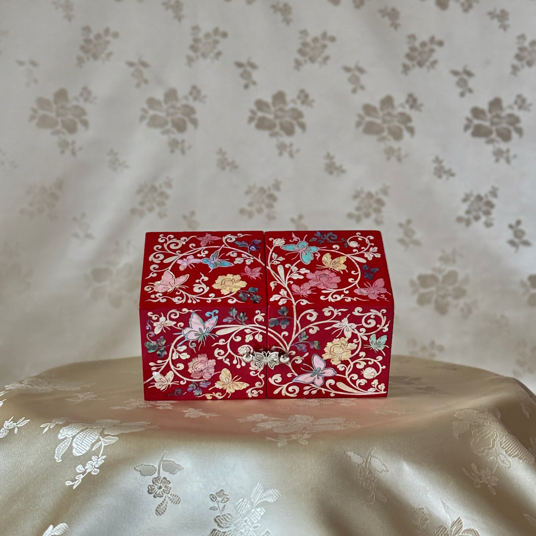 Mother-of-Pearl Double Jewelry Chest: Vivid Red Surface with Butterfly and Vine Motif