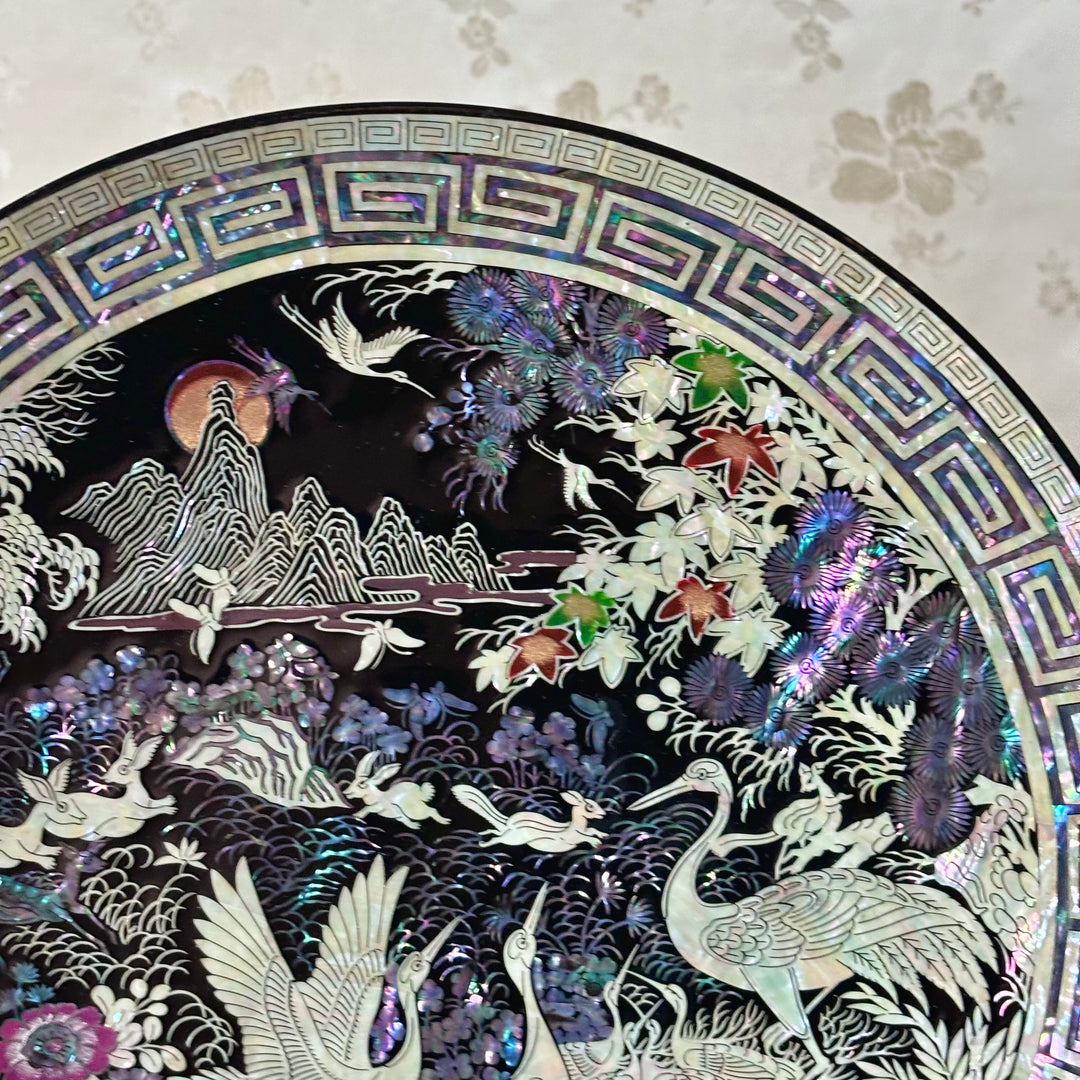Mother of Pearl Wooden Plate with Pine Tree and Crane Pattern