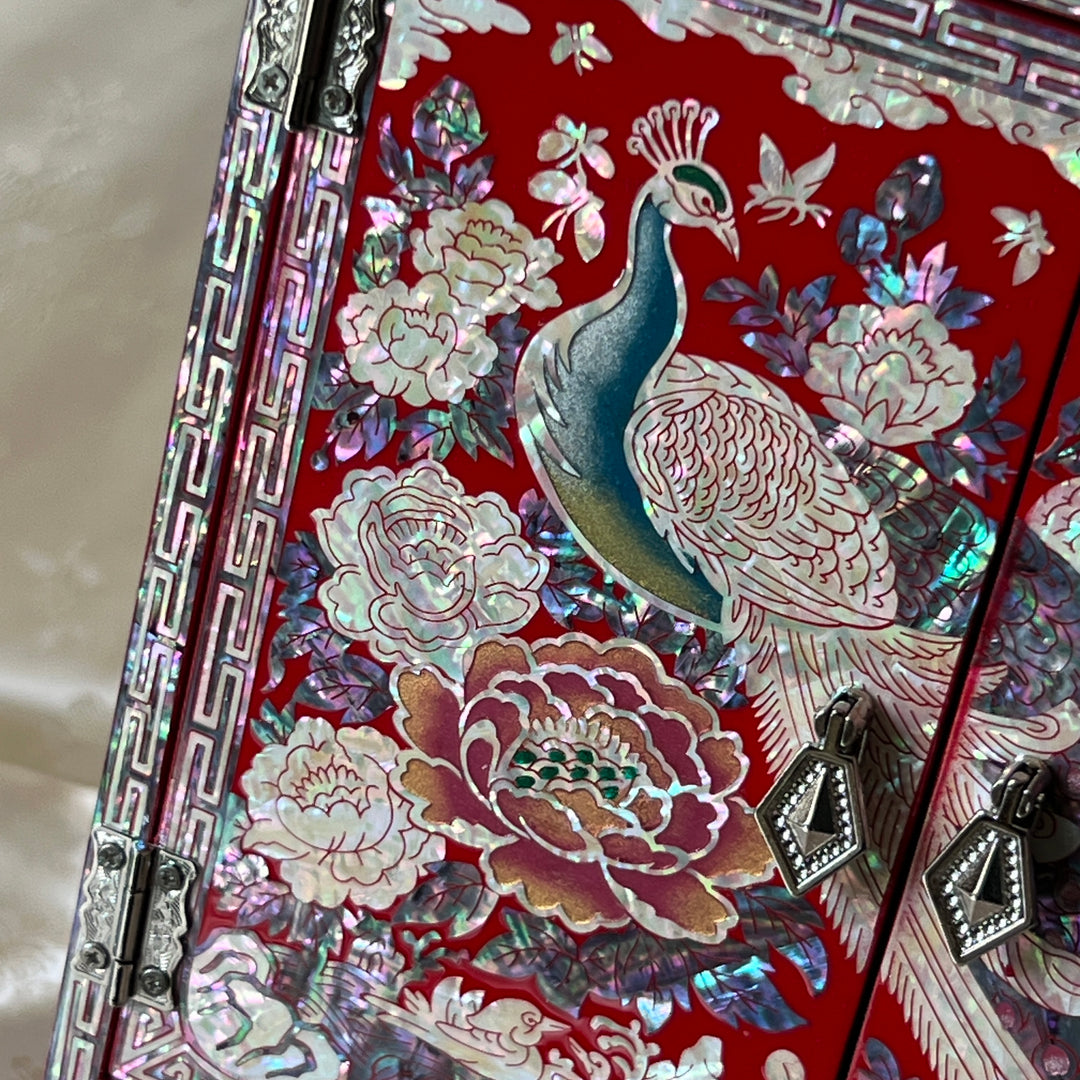 Mother-of-Pearl Double-Doored Jewelry Chest: Grand Scale, Longevity Motif on Red Ground