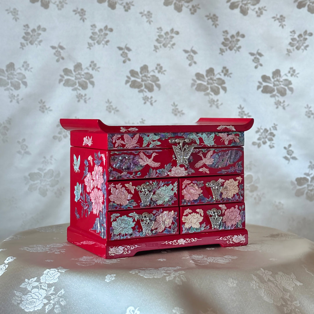 Mother-of-Pearl Jewelry Chest: Red Body with Peacock Motif in Scholar’s Desk Form