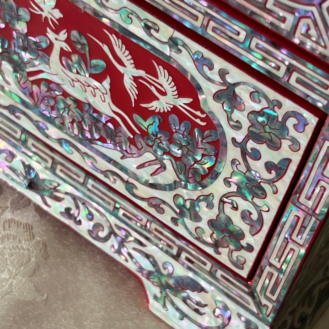 Mother-of-Pearl Double-Doored Jewelry Chest: Grand Scale, Longevity Motif on Red Ground