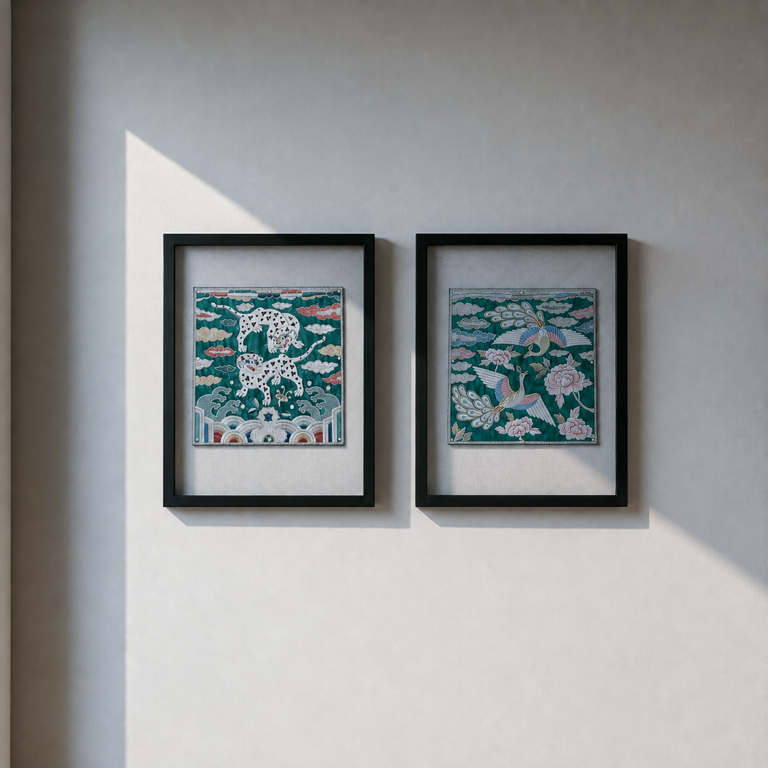 Embroidered Art Panel Set: Paired Tigers and Paired Peacocks, Series II