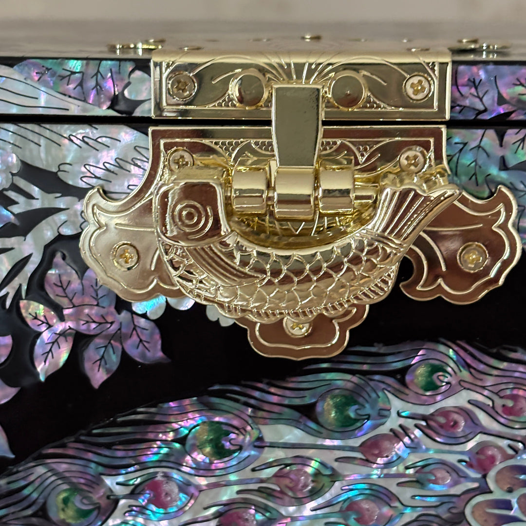 Mother of Pearl Bandaji Chest: Peacock and Peony Motif Jewelry Cabinet