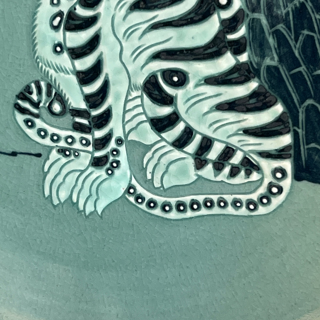 Celadon Decorative Plate: Relief-Applied Tiger and Magpie Motif by Master Artisan