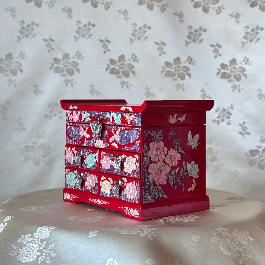 Mother-of-Pearl Jewelry Chest: Red Body with Peacock Motif in Scholar’s Desk Form