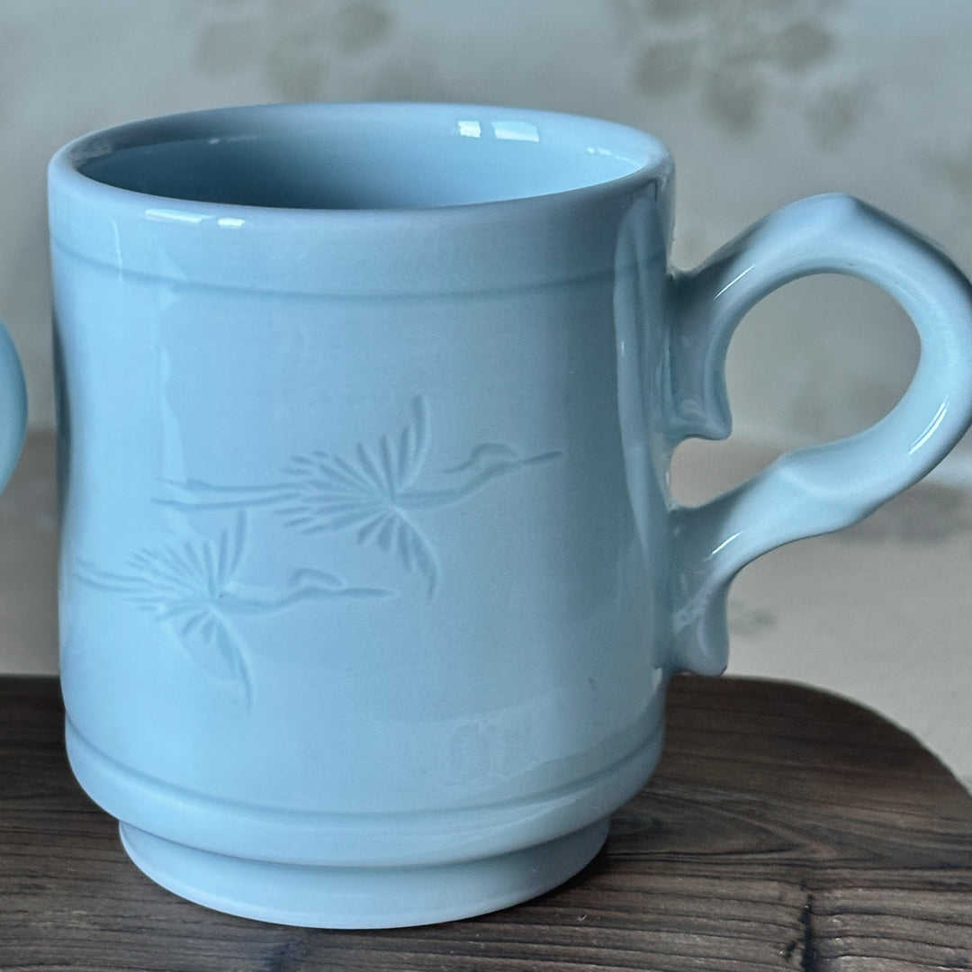 Korean White Porcelain Cups with Incised Crane Motif, Pair