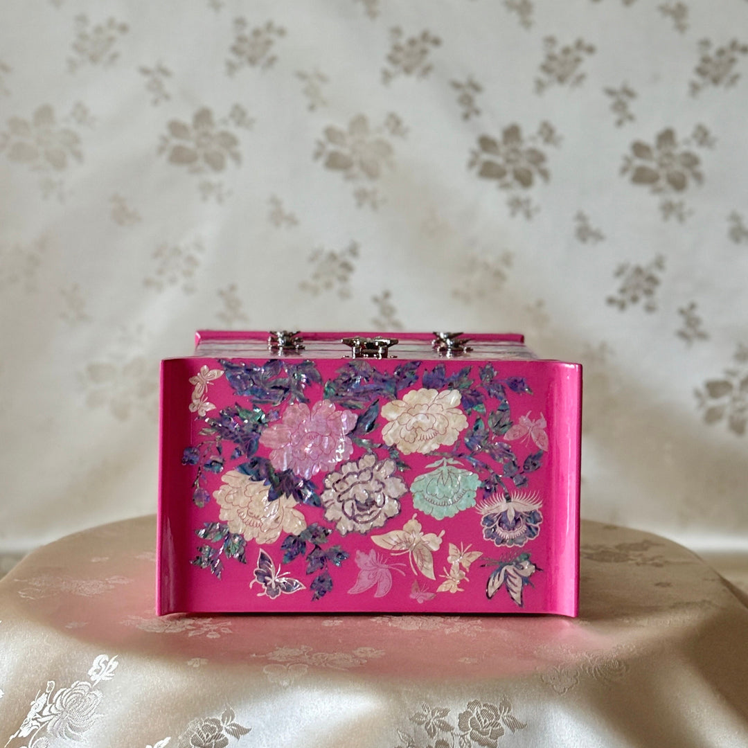 Mother of Pearl Jewelry Chest: Pink Ground, Peony Motif in Scholar’s Desk Form