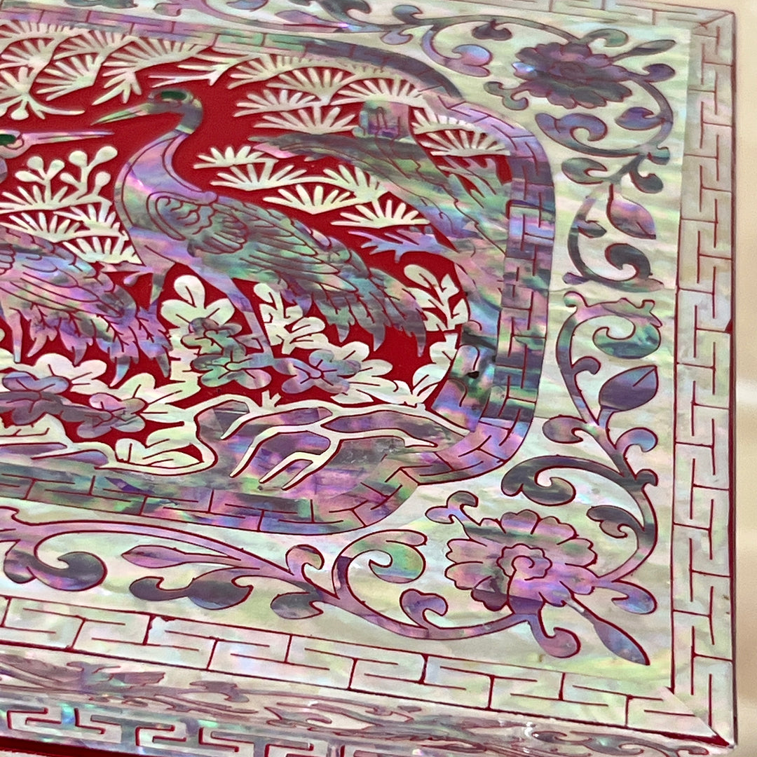 Mother-of-Pearl Double-Door Jewelry Chest: Longevity Motif, Red Ground