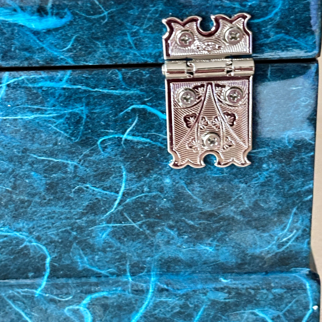 Mother of Pearl Jewelry Box: Butterfly and Peony Motif on Navy Hanji