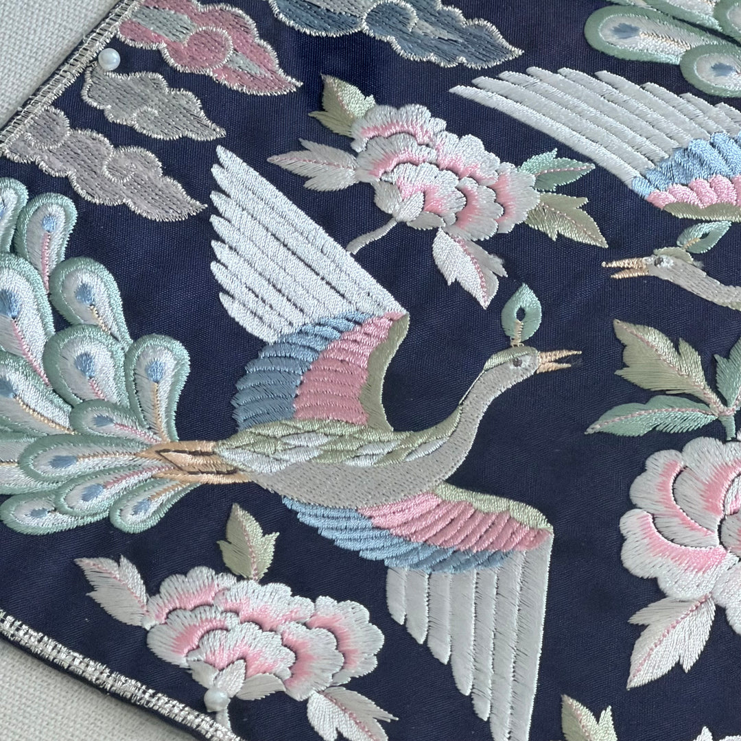 Embroidered Art Panel: Peacock Pair and Peony Motif on Navy Ground