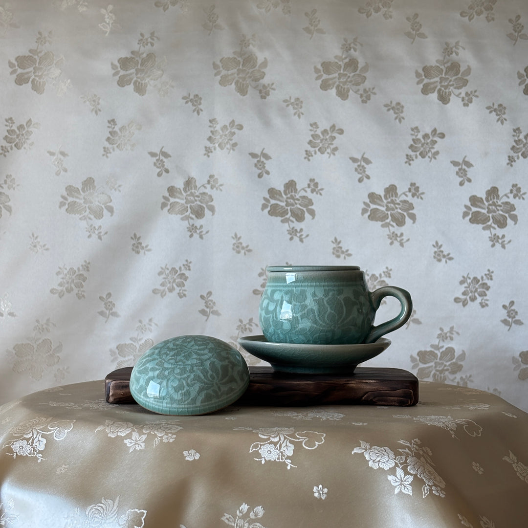 Celadon Lidded Teacup Pair: Reverse Inlaid Peony Motif with White Clay Inlay