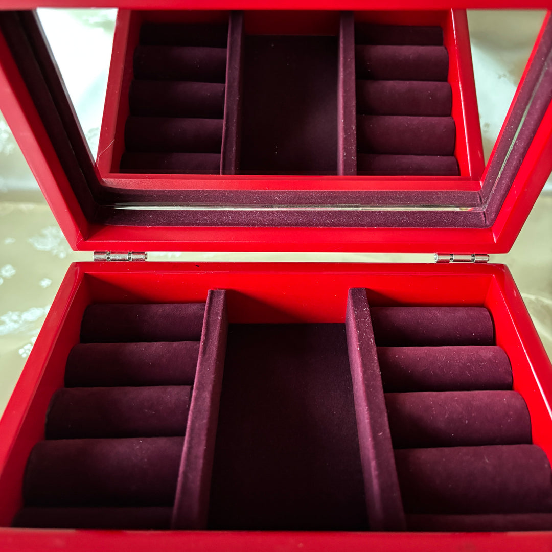 Mother-of-Pearl Jewelry Chest: Red Body with Peacock Motif in Scholar’s Desk Form