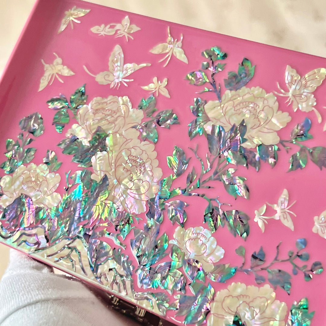 Mother of Pearl Pink Jewelry Box with Butterfly and Peony Pattern (자개 호접 목단문 선비 설합 보석함)