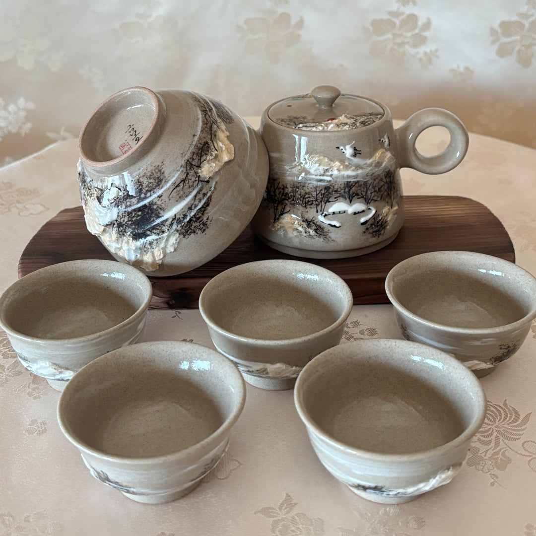Buncheong Tea Set (Dagi): Relief-Applied Snowy Landscape Motif by Master Artisan, 5-Person Set