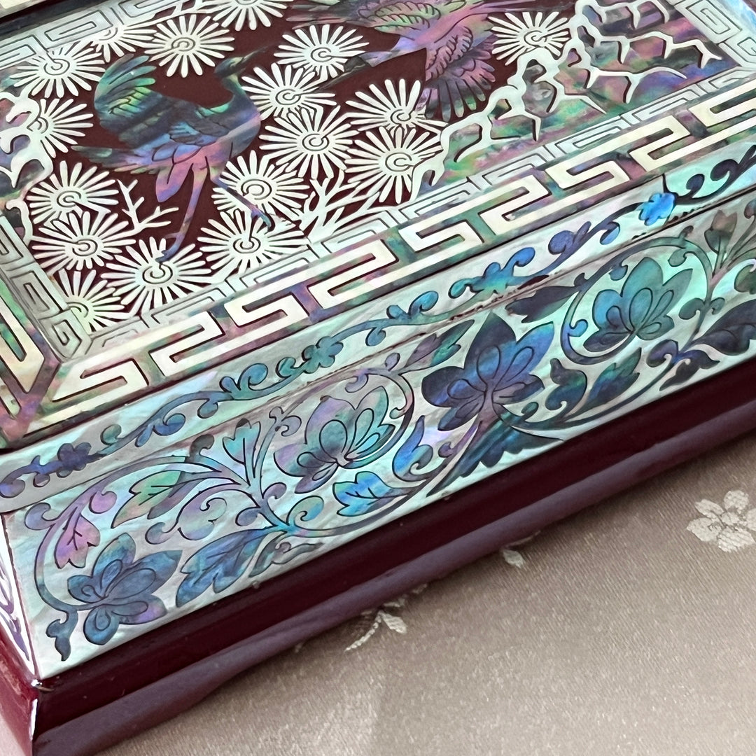 Mother-of-Pearl Lidded Box: Scholar’s Desk-Inspired Form with Crane and Pine Motif, Wine Ground