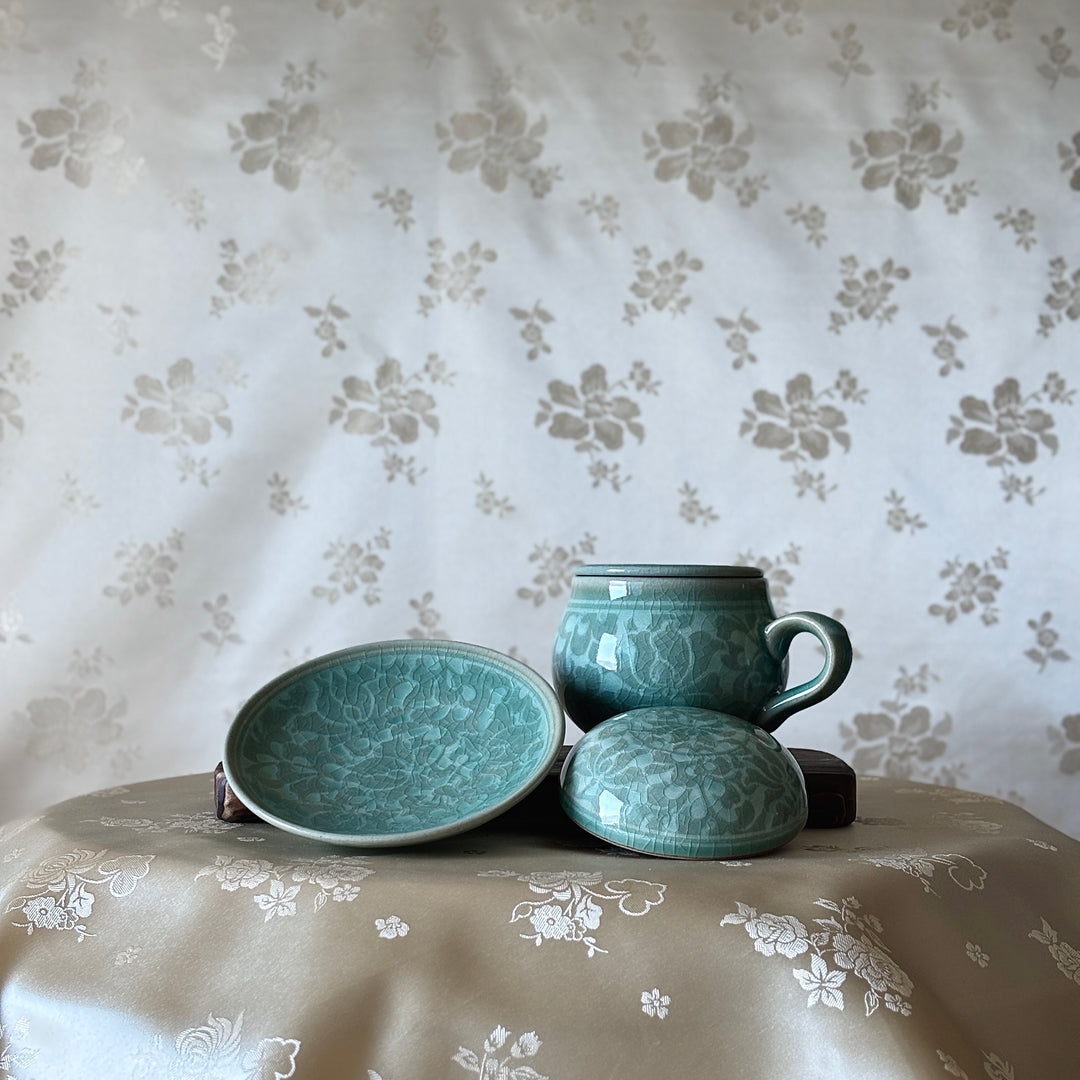 Celadon Lidded Teacup Pair: Reverse Inlaid Peony Motif with White Clay Inlay