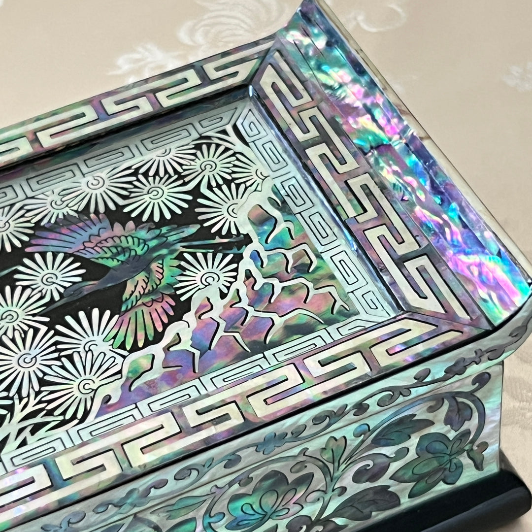 Mother-of-Pearl Lidded Box: Scholar’s Desk-Inspired Form with Crane and Pine Motif