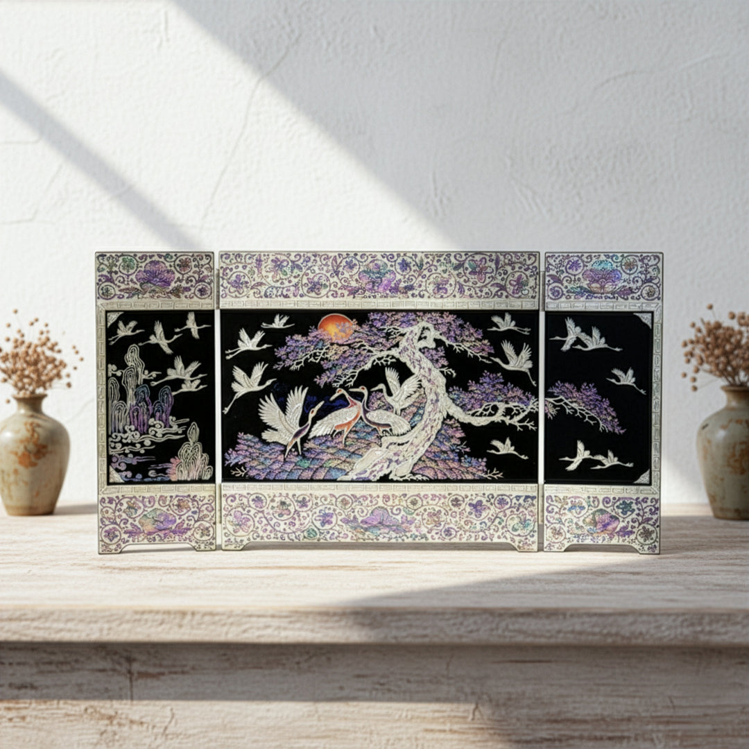 Mother-of-Pearl Folding Screen: Pine and Crane Landscape Motif