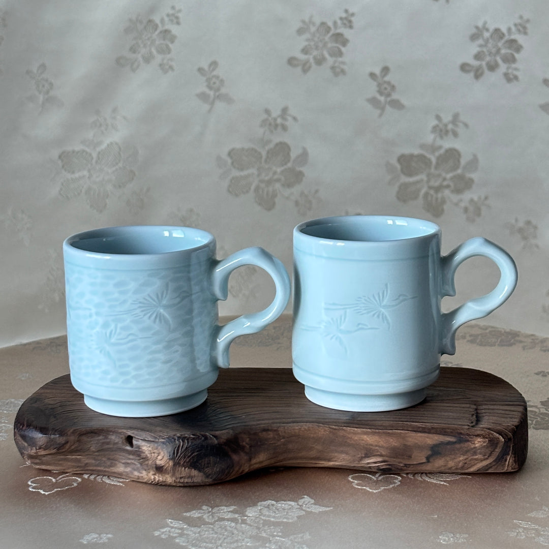 Korean White Porcelain Cups with Incised Crane Motif, Pair