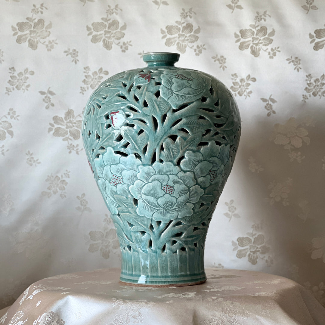 Celadon Maebyeong Vase Pair: Double-Wall Openwork with Peony and Chilbo Motifs