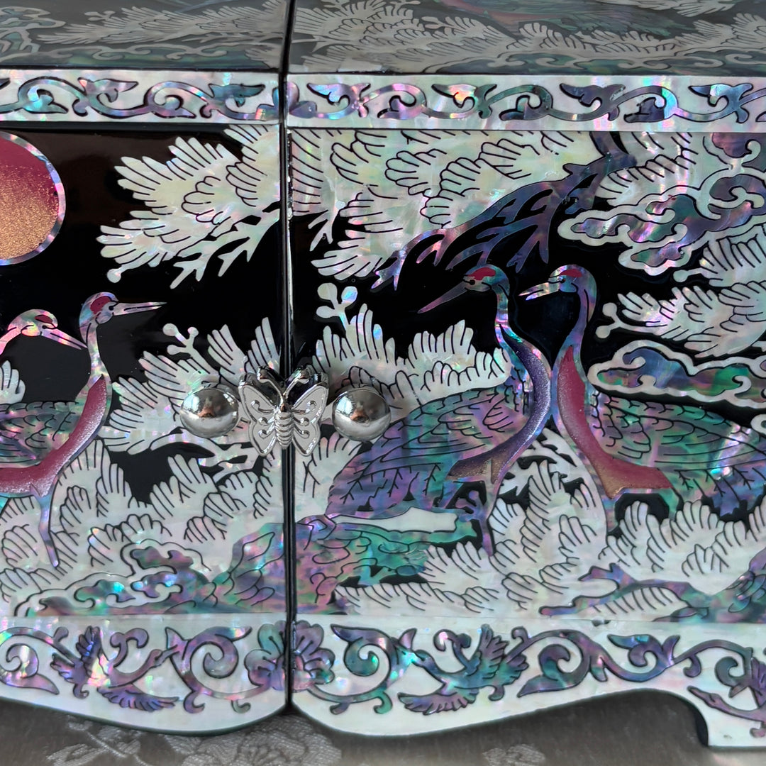 Mother of Pearl Jewelry Chest Pair: Black Body with Pine and Crane Motif in Scholar’s Desk Form