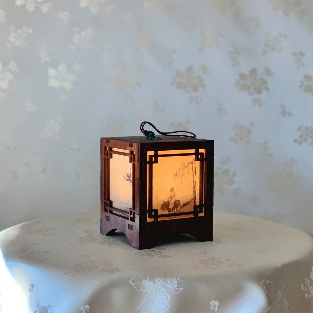 Wooden Accent Lantern for Hanging with Traditional Painting Pattern (마상청앵도 목재 걸이 등)