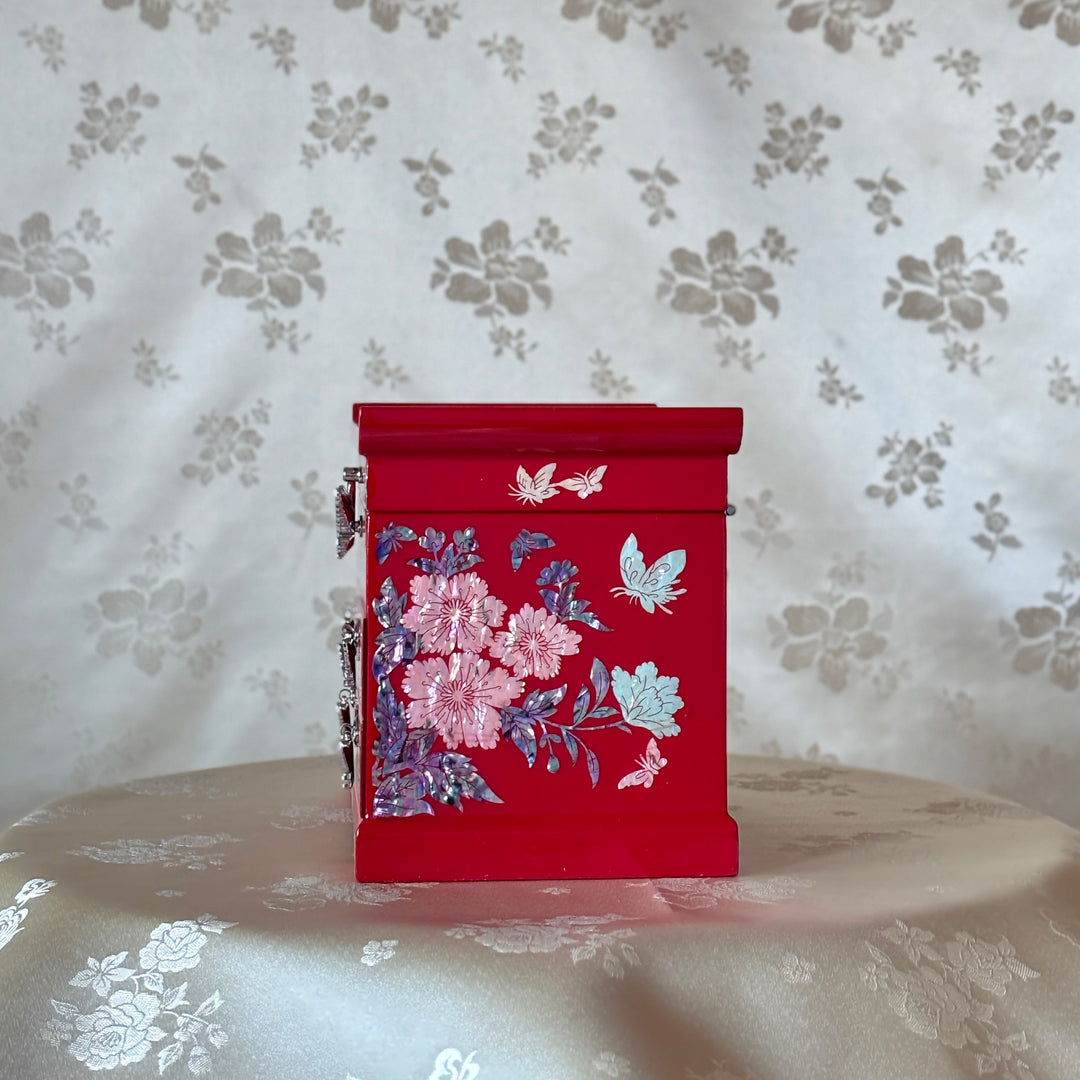 Mother-of-Pearl Jewelry Chest: Red Body with Peacock Motif in Scholar’s Desk Form