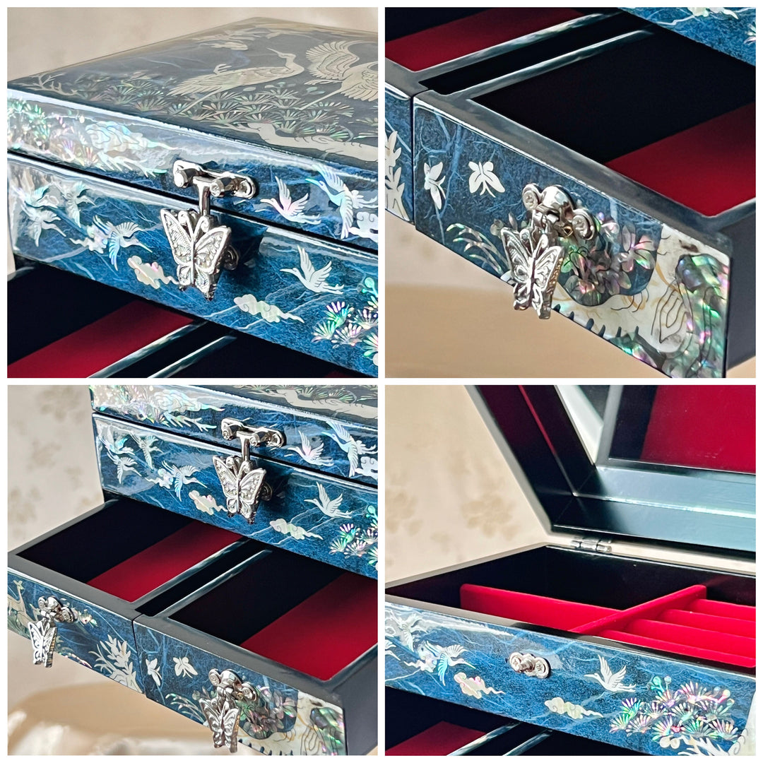 Mother of Pearl Navy Paper Layered Jewelry Box with Crane and Pine Tree Pattern(자개 송학문 한지 설합 보석함)