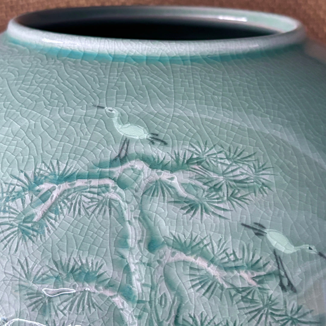 Celadon Jar (Ho): Pine in Relief and Inlaid Crane Motif by Master Artisan