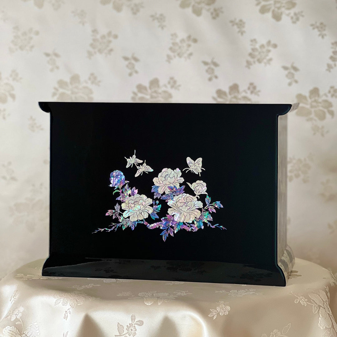 Mother of Pearl Jewelry Chest: Peony and Butterfly Motif in Scholar’s Desk Form