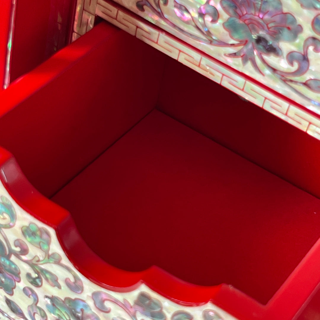 Mother-of-Pearl Double-Doored Jewelry Chest: Grand Scale, Longevity Motif on Red Ground