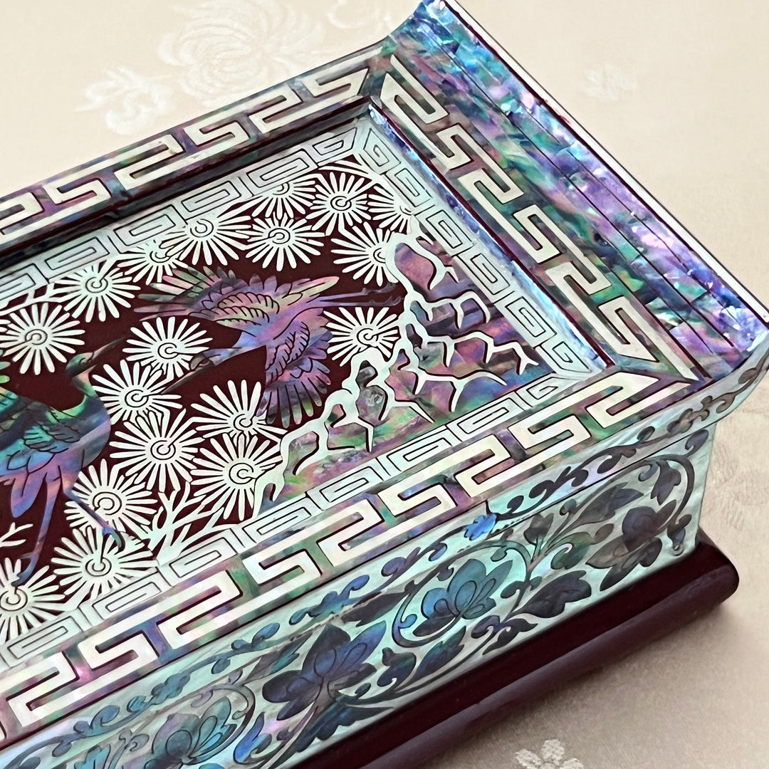 Mother-of-Pearl Lidded Box: Scholar’s Desk-Inspired Form with Crane and Pine Motif, Wine Ground
