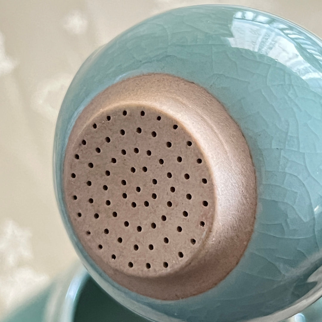 Celadon Tea Cup: Crane Egg Shaped, Inlaid Crane and Cloud Motif