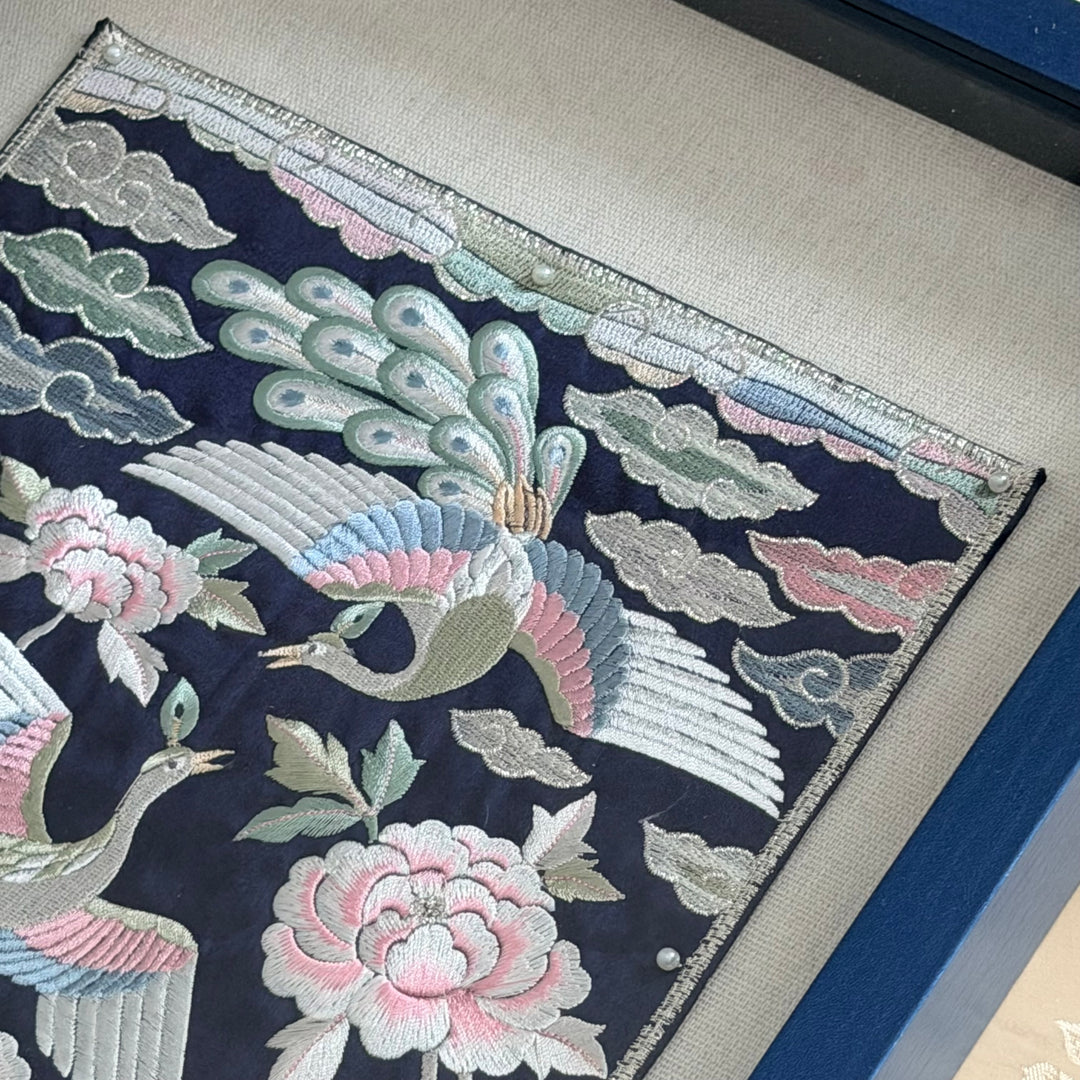 Embroidered Art Panel: Peacock Pair and Peony Motif on Navy Ground