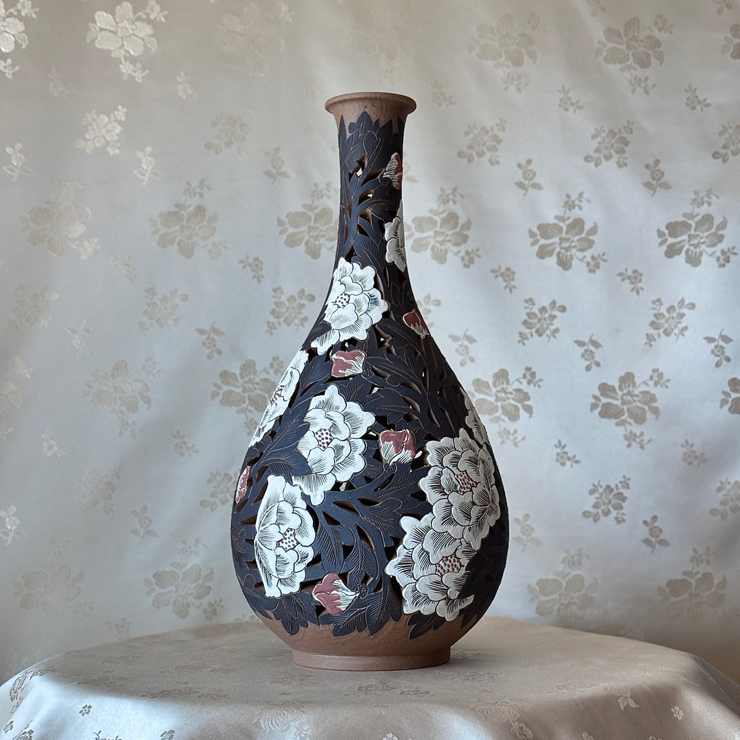 Buncheong Openwork Vase Set: Grand-Scale, Peony Motif with Three-Color Slip, Unglazed Finish
