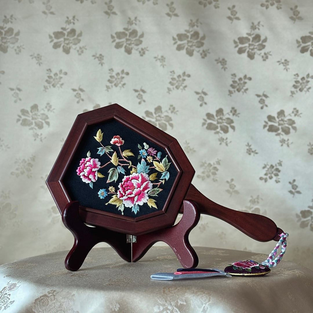 Embroidered Hand Mirror: Large, Octagonal Shape, Peony Garden Motif
