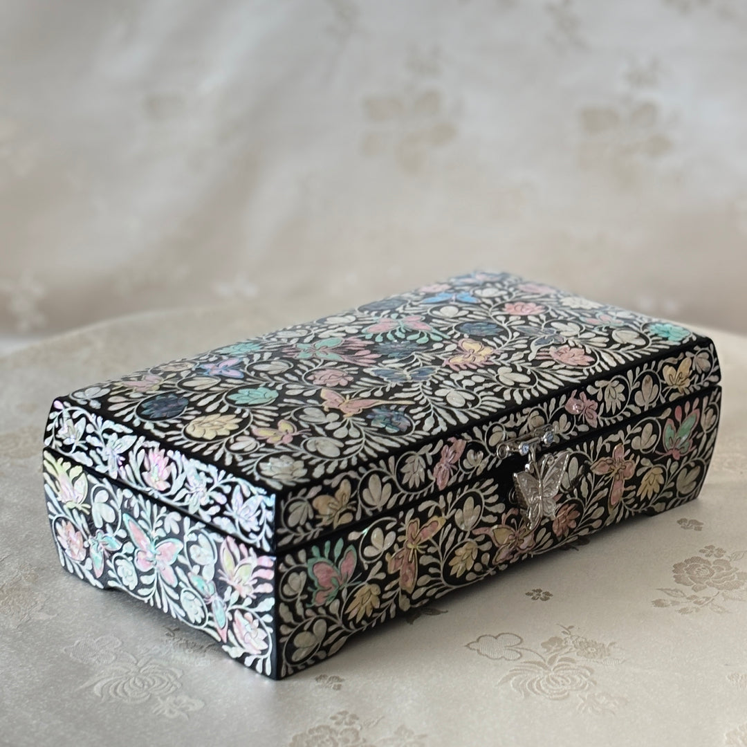 Mother of Pearl Keepsake Box with Butterfly, Lotus, and Arabesque Motifs