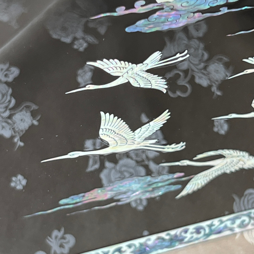 Mother-of-Pearl Double-Doored Jewelry Chest: Grand Scale, Longevity Motif on Black Ground