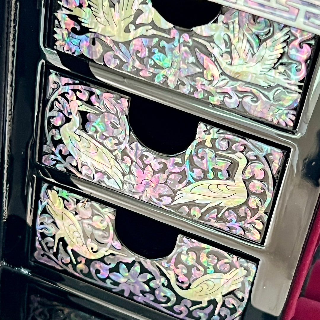 Mother-of-Pearl Double-Door Jewelry Chest: Longevity Motif, Black Ground