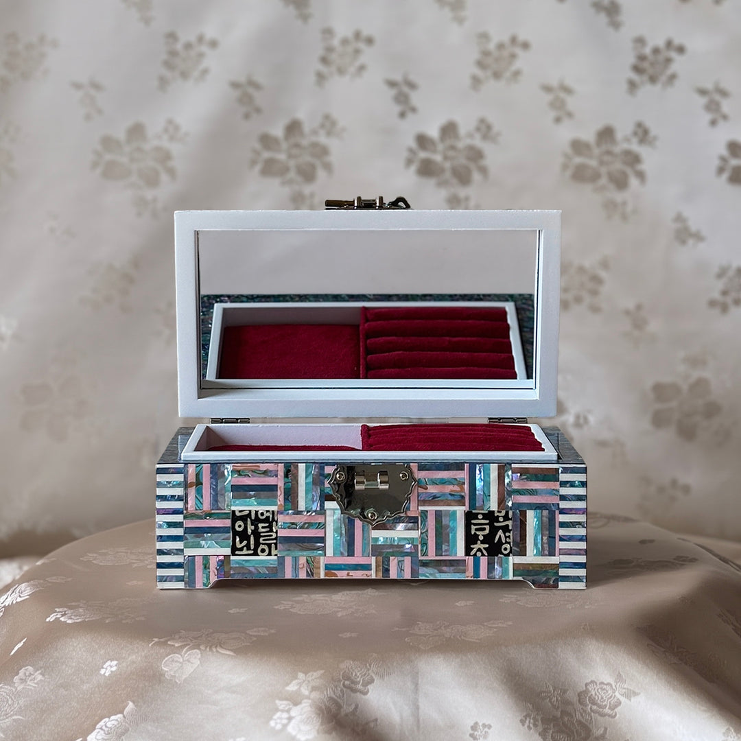 Mother-of-Pearl Arched-Lid Jewelry Box: Geometric Abalone Strip Composition with Hangul Accents