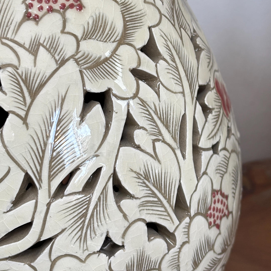 Grand-Scale Buncheong Openwork Vase Set: White Slip with Carved Peony Motif,
