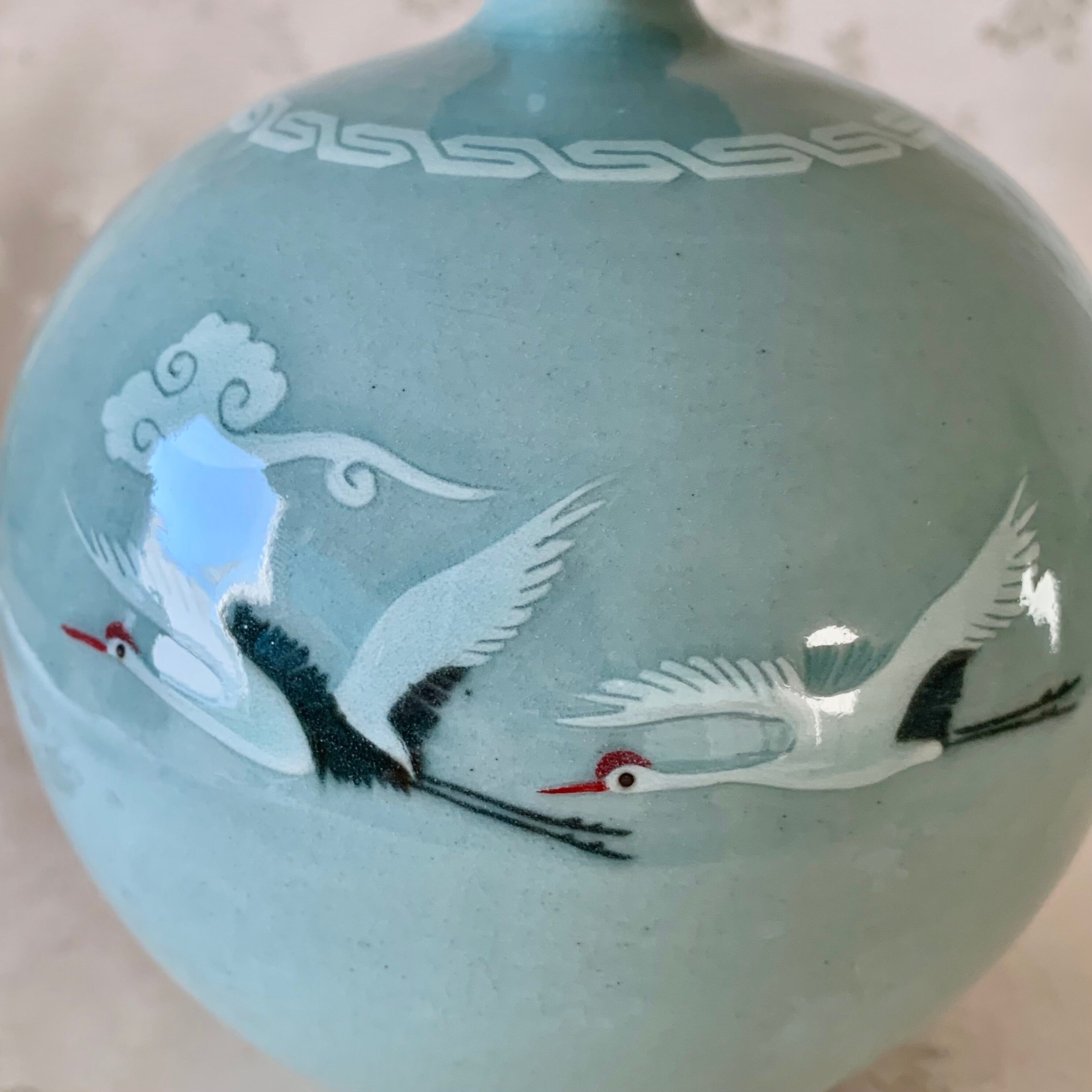 Korean Handmade Celadon Vase with Cloud and Crane Couple Pattern.