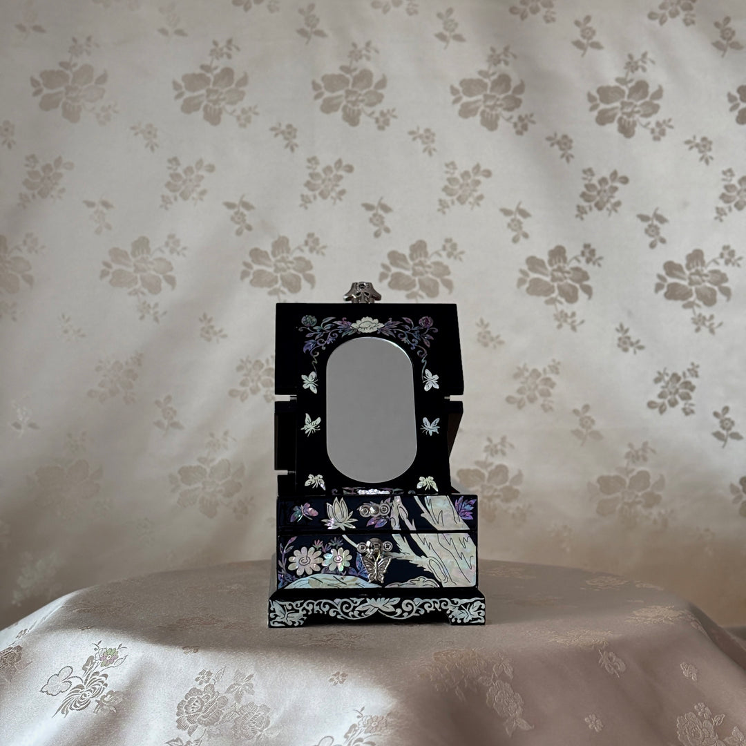 Mother of Pearl Vanity Chest with Mirror Stand: Black Body, Peony Motif