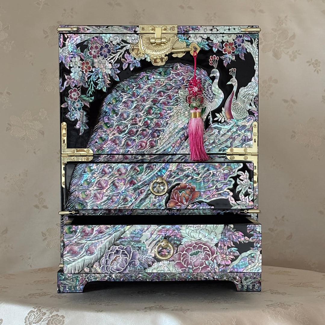 Mother of Pearl Bandaji Chest: Peacock and Peony Motif Jewelry Cabinet