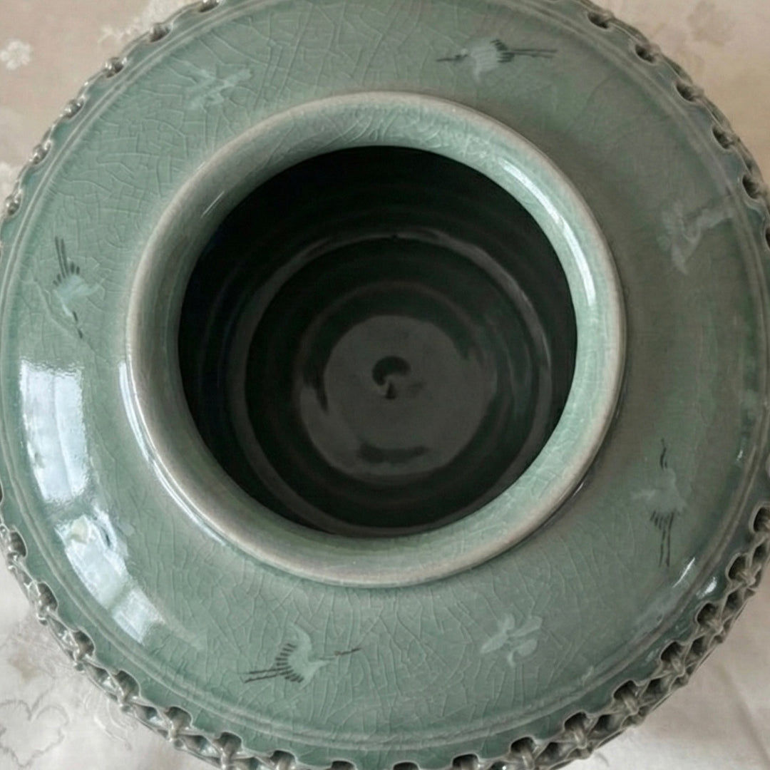 Celadon Double Wall Openwork Vase: Middle Scale, Inlaid Crane and Cloud Motif