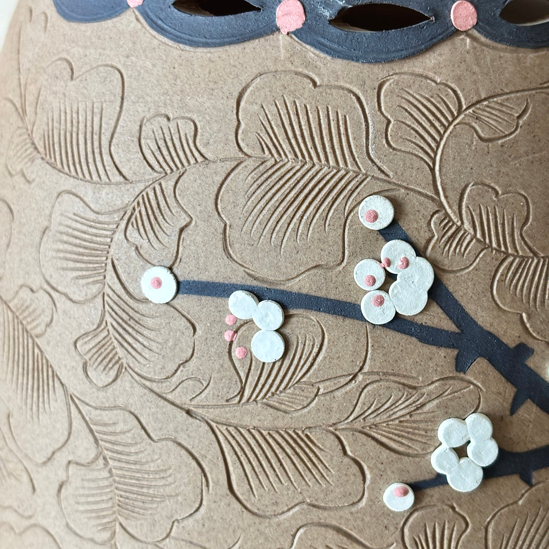 Unglazed Ceramic Vase: Buncheong Clay Body with Plum Blossom Branch and Openwork Rim