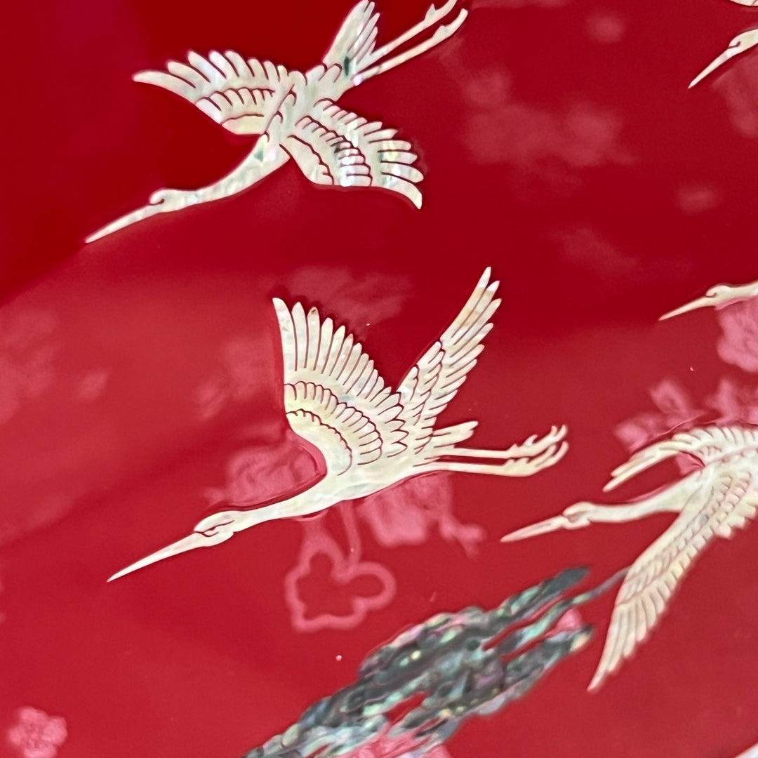 Mother-of-Pearl Double-Doored Jewelry Chest: Grand Scale, Longevity Motif on Red Ground