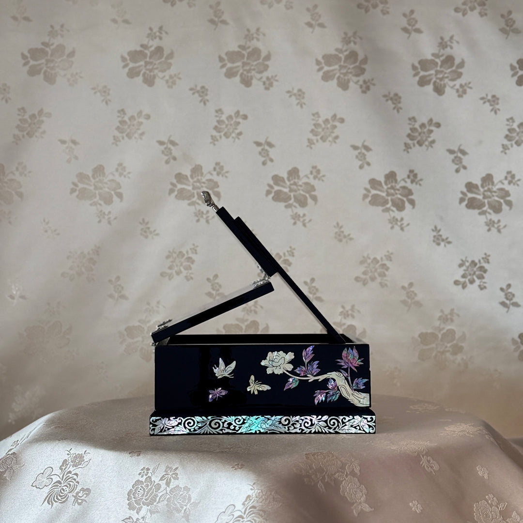 Mother of Pearl Vanity Chest with Mirror Stand: Black Body, Peony Motif