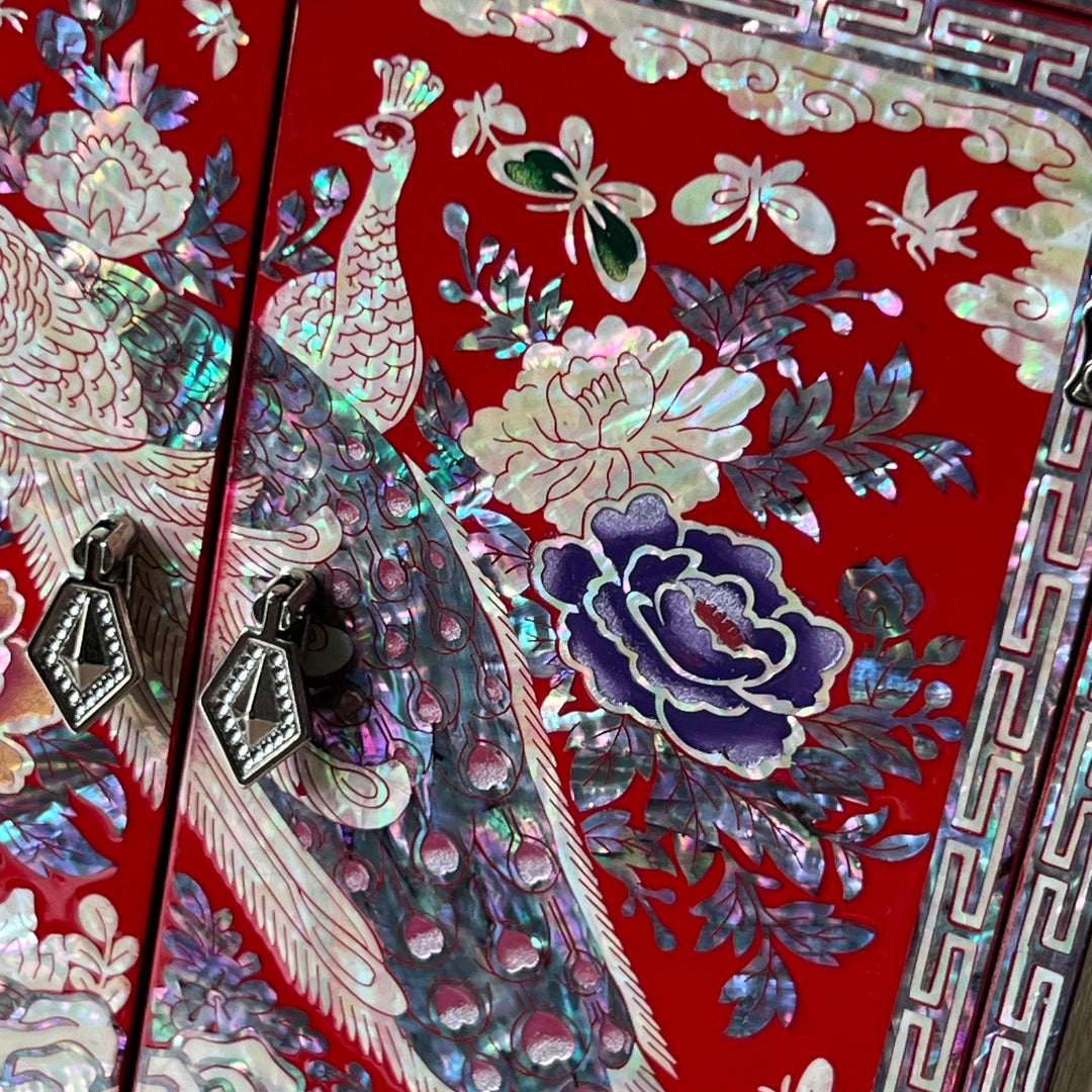 Mother-of-Pearl Double-Doored Jewelry Chest: Grand Scale, Longevity Motif on Red Ground
