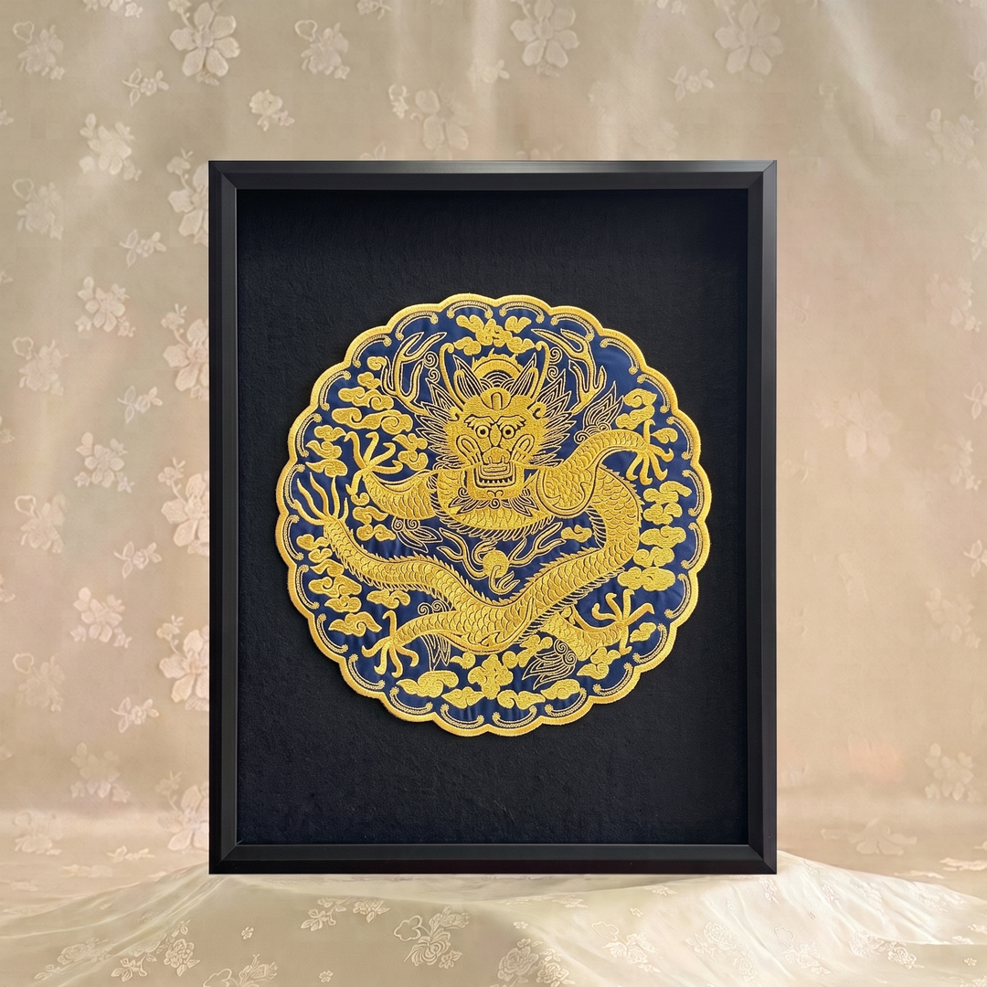 Embroidered Art Panel : Joseon Royal Dragon Insignia (Yongbo), Black Frame
